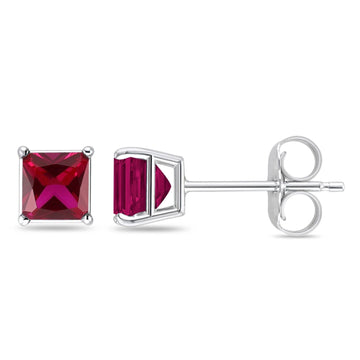 Solitaire Princess Cut Stud Earrings Simulated Ruby CZ 925 Sterling Silver